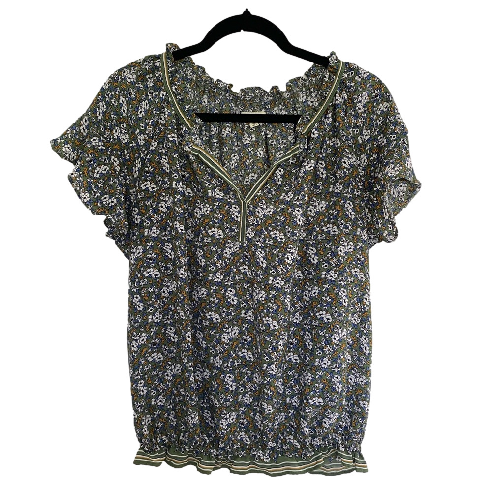 MAX STUDIO Green Floral Boho Short Sleeve Women’s Blouse Size S